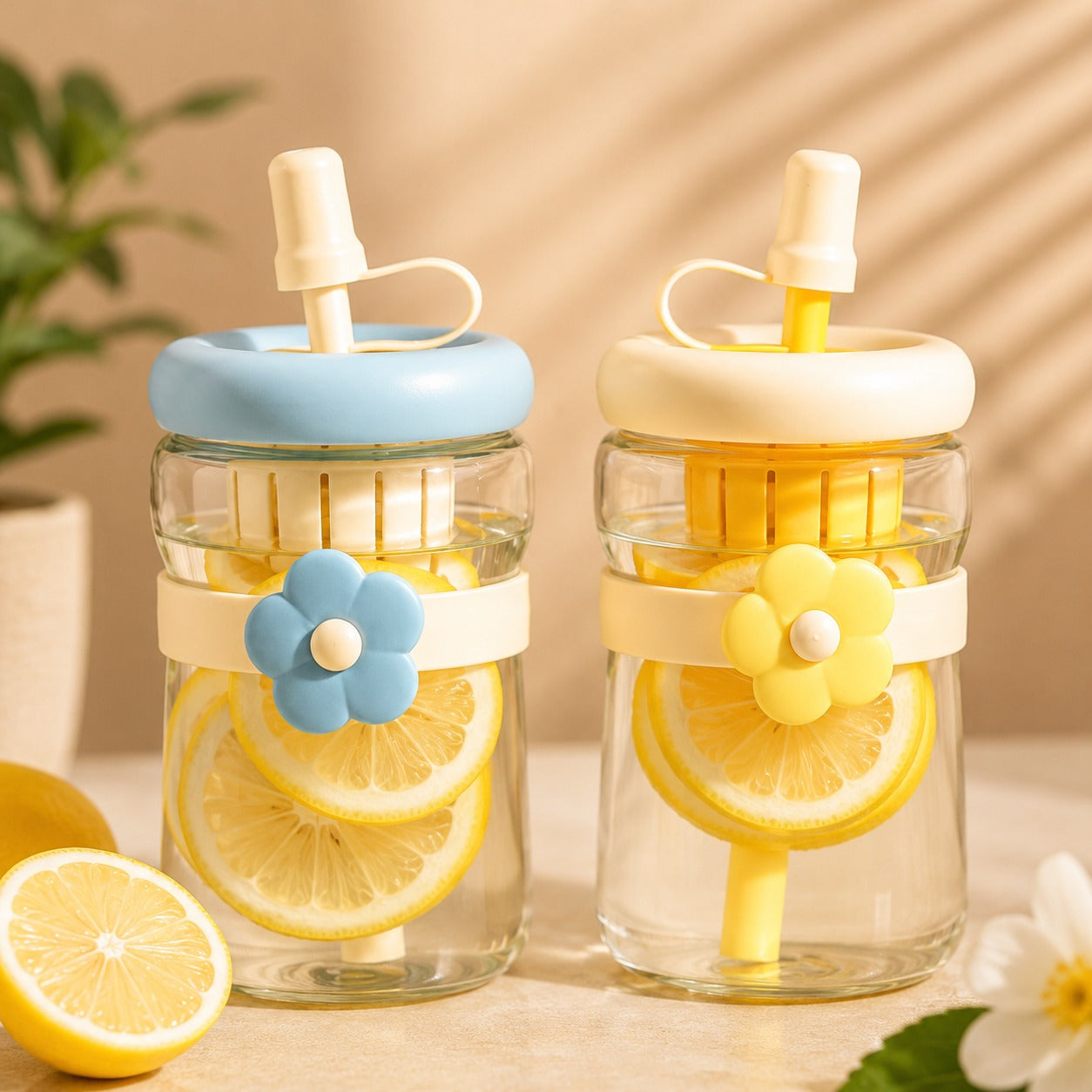 (B-038) (MOQ :4 Pcs) Korean Style Cute Flower Band 500ml Glass Sipper Bottle