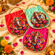 (R-006) (MOQ: 10 Pcs) Traditional Ganesh Potli Bags for Return Gifts & Pooja