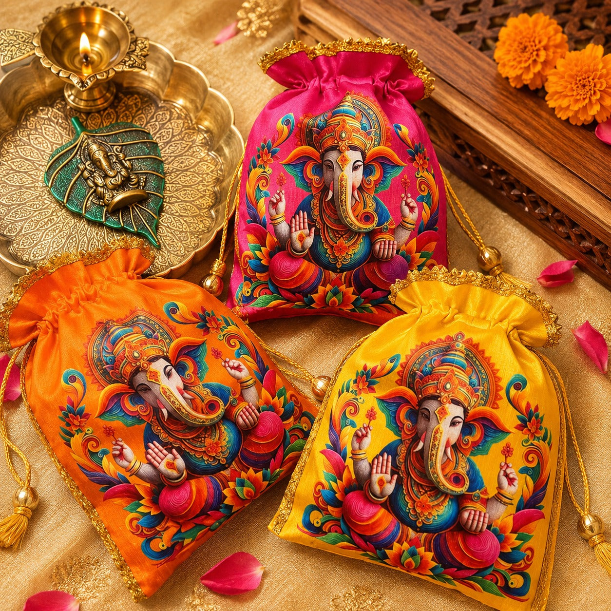 (R-006) (MOQ: 10 Pcs) Traditional Ganesh Potli Bags for Return Gifts & Pooja