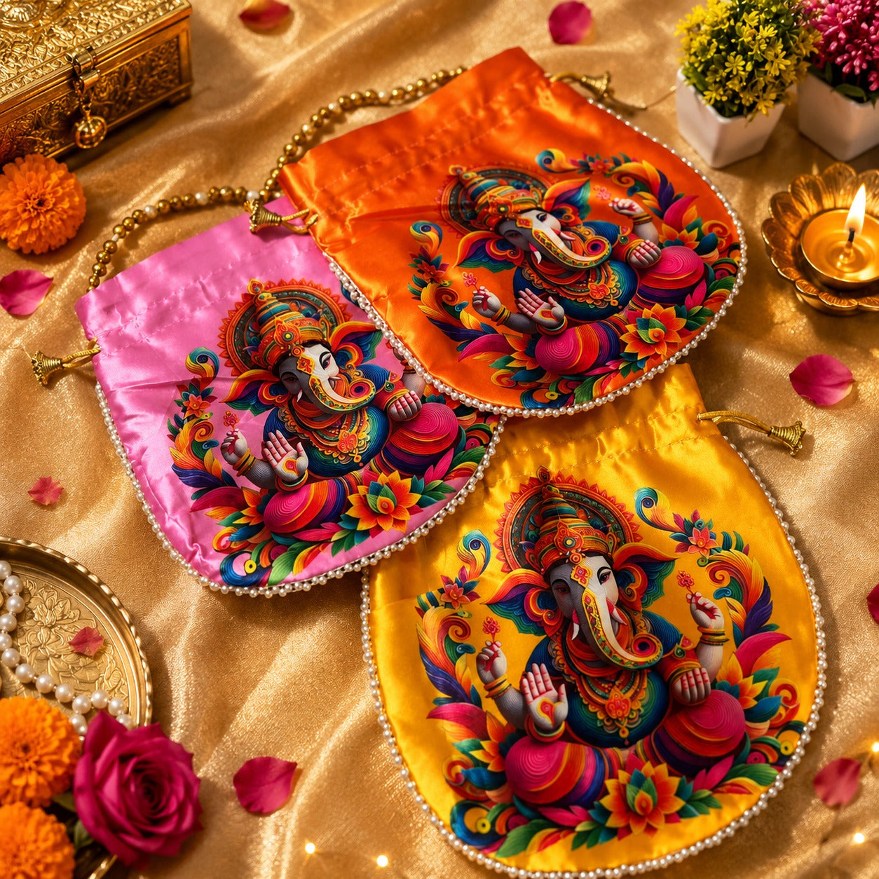 (R-006) (MOQ: 10 Pcs) Traditional Ganesh Potli Bags for Return Gifts & Pooja
