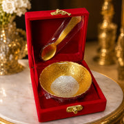 (R-017) German Silver and Gold Coated Bowl and Spoon Set in Royal Velvet Box