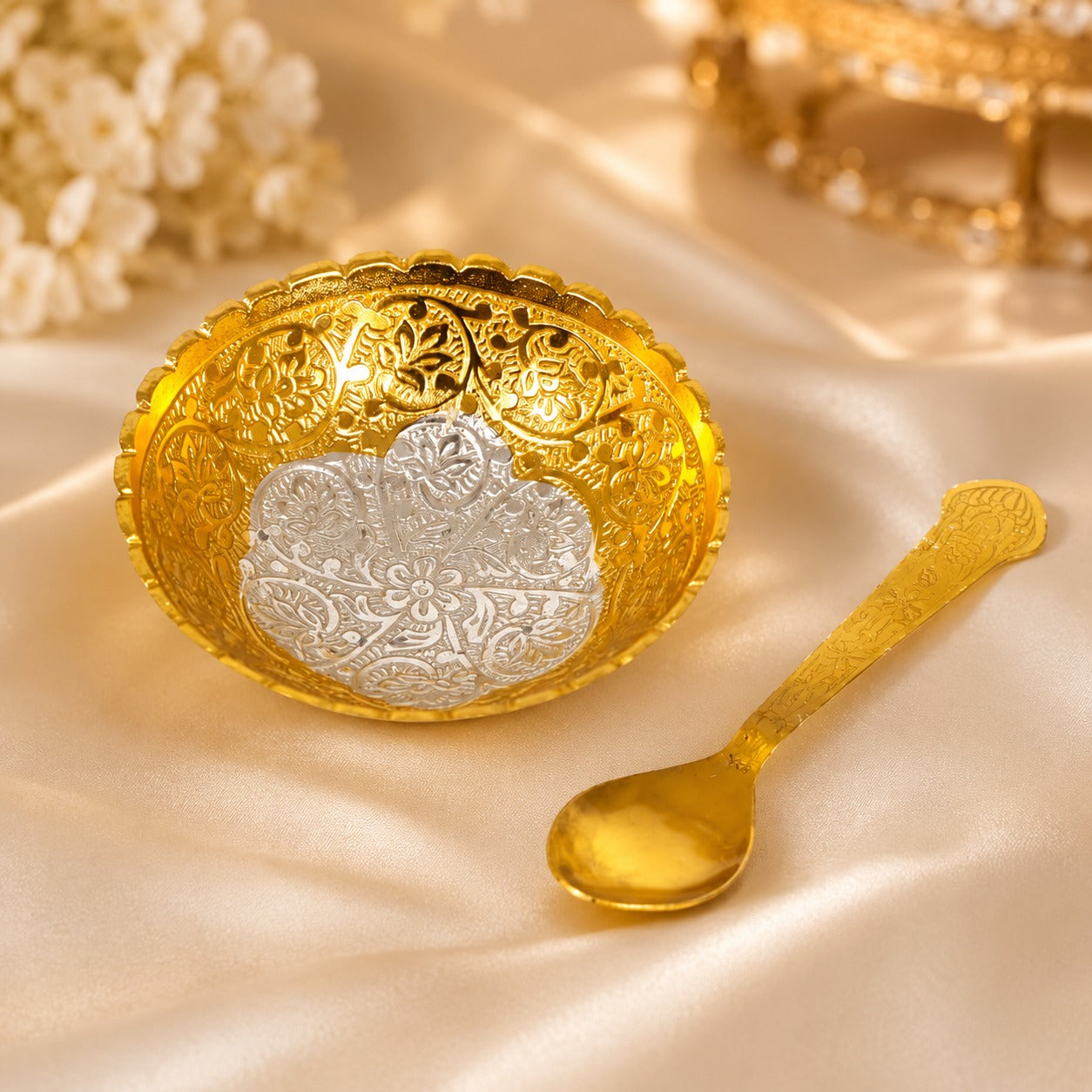 (R-017) German Silver and Gold Coated Bowl and Spoon Set in Royal Velvet Box