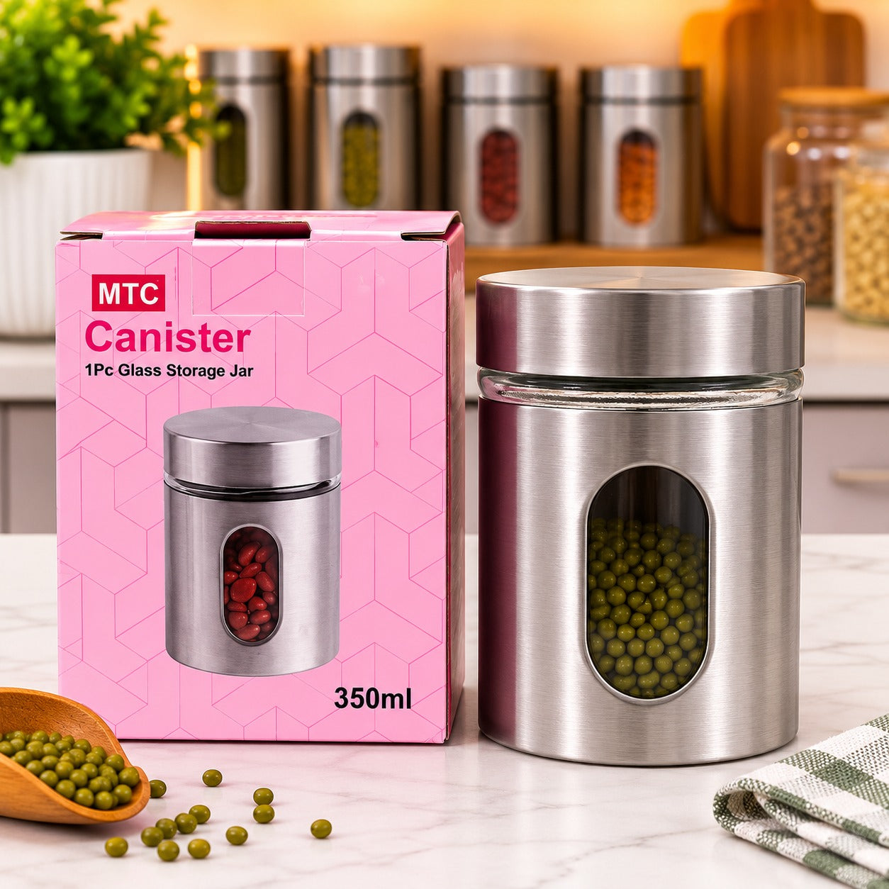 (KA-016) (MOQ: 4 Pcs) Glass Storage Jar with Steel Lid 350 ML Airtight Storage Container