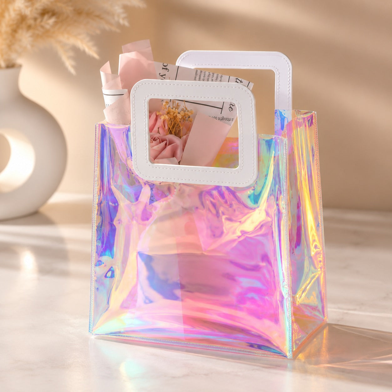 (BA-002) Holographic PVC Gift Bag – Mini Rainbow Cosmetic & Travel Handbag