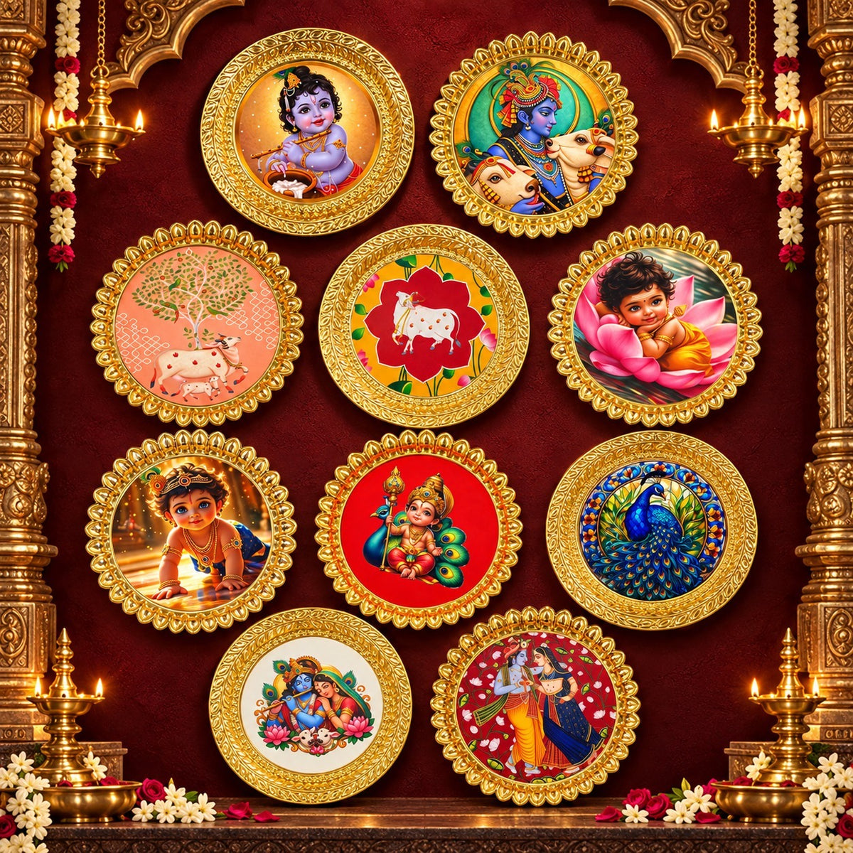 (MG26) (MOQ: 4 Pcs) Gold Colour Coated Pooja Plate with Assorted Devotional Images