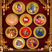(MG26) (MOQ: 4 Pcs) Gold Colour Coated Pooja Plate with Assorted Devotional Images