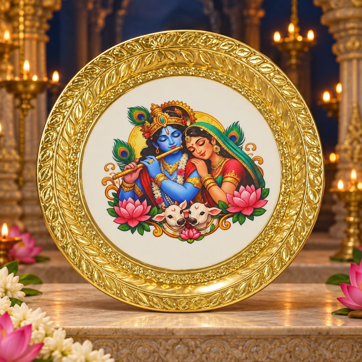 (MG26) (MOQ: 4 Pcs) Gold Colour Coated Pooja Plate with Assorted Devotional Images
