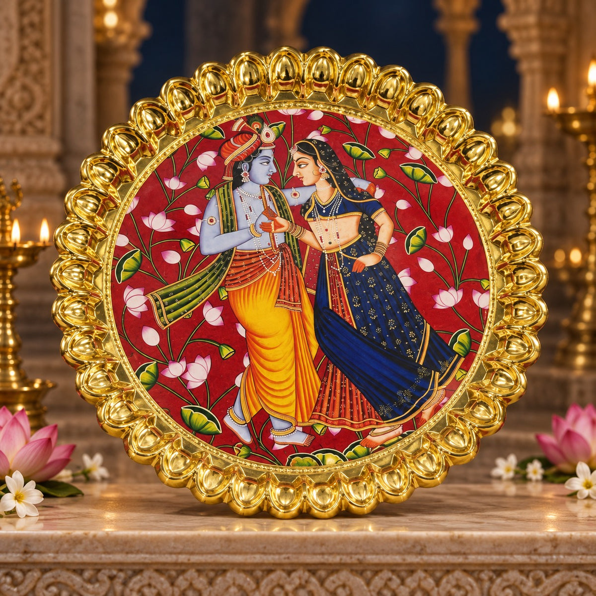 (MG26) (MOQ: 4 Pcs) Gold Colour Coated Pooja Plate with Assorted Devotional Images
