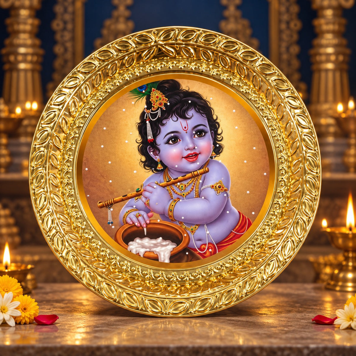 (MG26) (MOQ: 4 Pcs) Gold Colour Coated Pooja Plate with Assorted Devotional Images