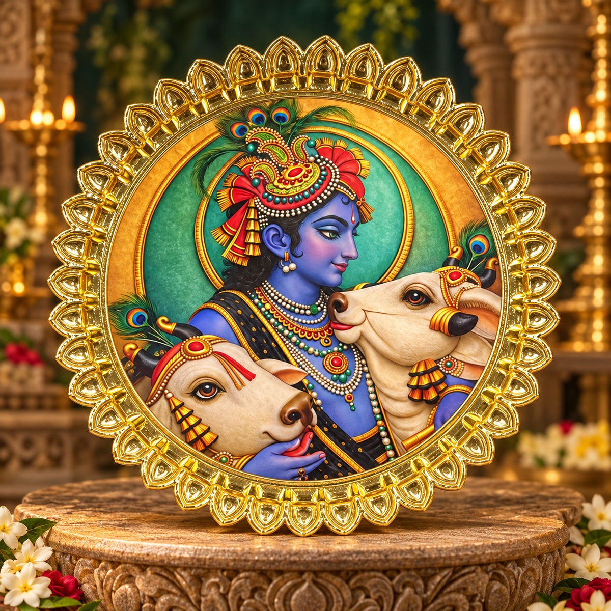 (MG26) (MOQ: 4 Pcs) Gold Colour Coated Pooja Plate with Assorted Devotional Images