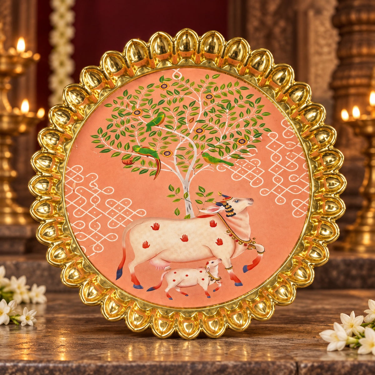 (MG26) (MOQ: 4 Pcs) Gold Colour Coated Pooja Plate with Assorted Devotional Images