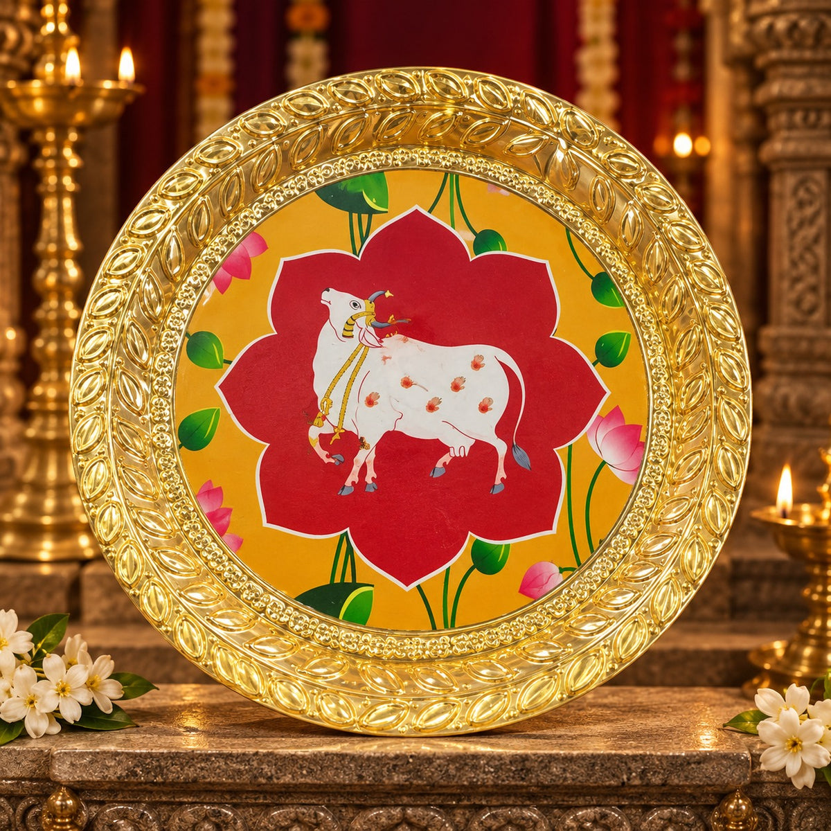 (MG26) (MOQ: 4 Pcs) Gold Colour Coated Pooja Plate with Assorted Devotional Images