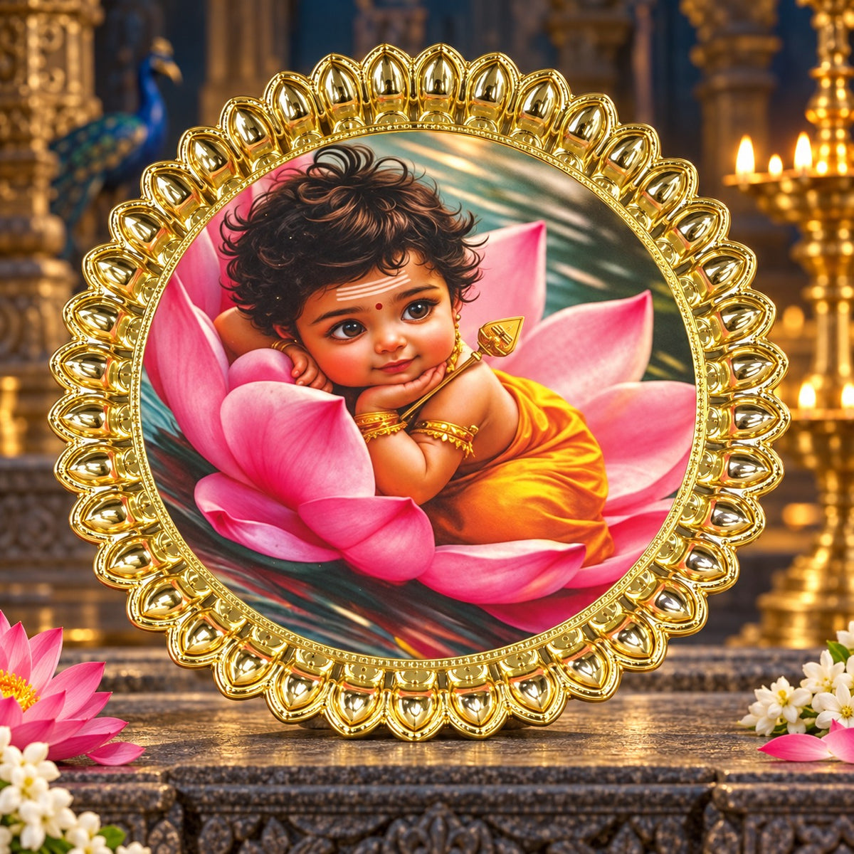 (MG26) (MOQ: 4 Pcs) Gold Colour Coated Pooja Plate with Assorted Devotional Images