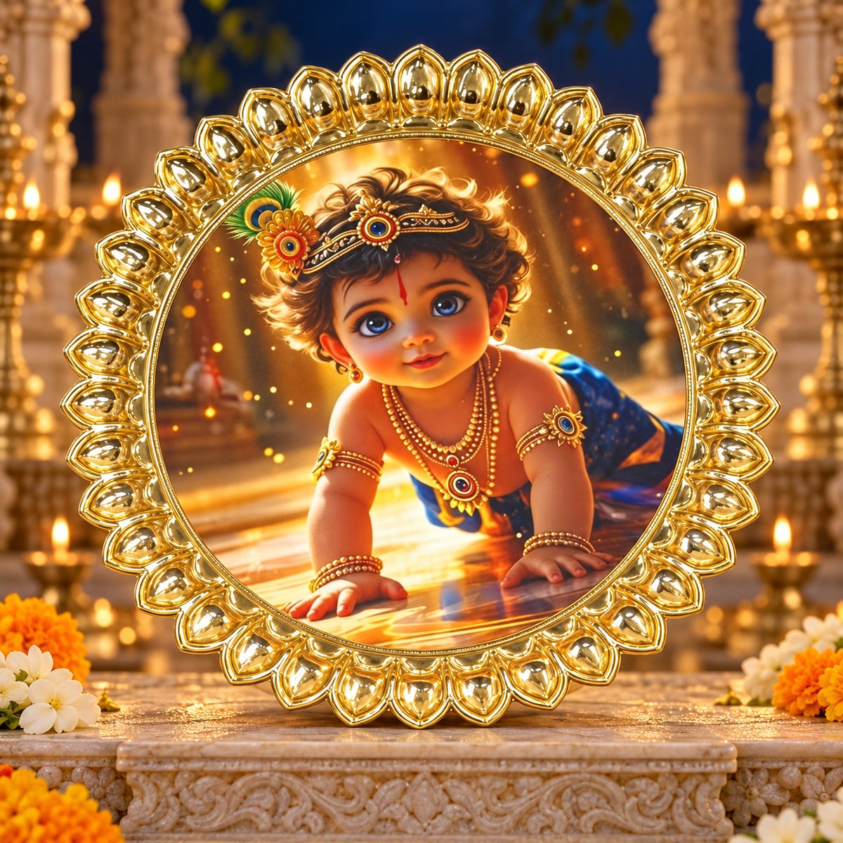 (MG26) (MOQ: 4 Pcs) Gold Colour Coated Pooja Plate with Assorted Devotional Images