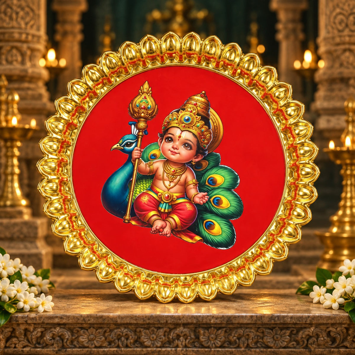 (MG26) (MOQ: 4 Pcs) Gold Colour Coated Pooja Plate with Assorted Devotional Images