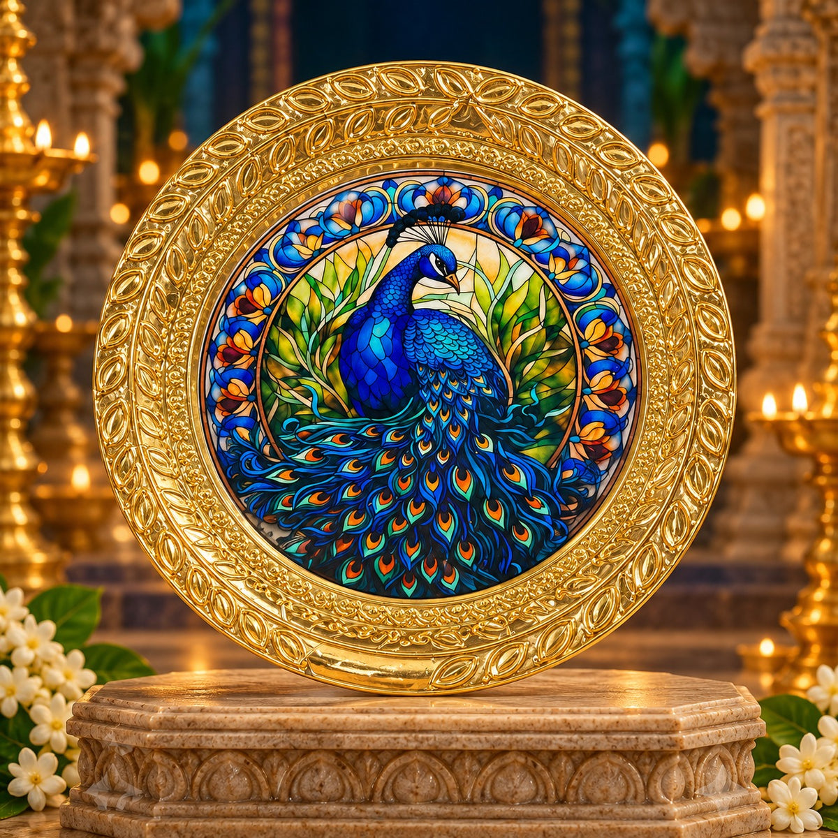 (MG26) (MOQ: 4 Pcs) Gold Colour Coated Pooja Plate with Assorted Devotional Images