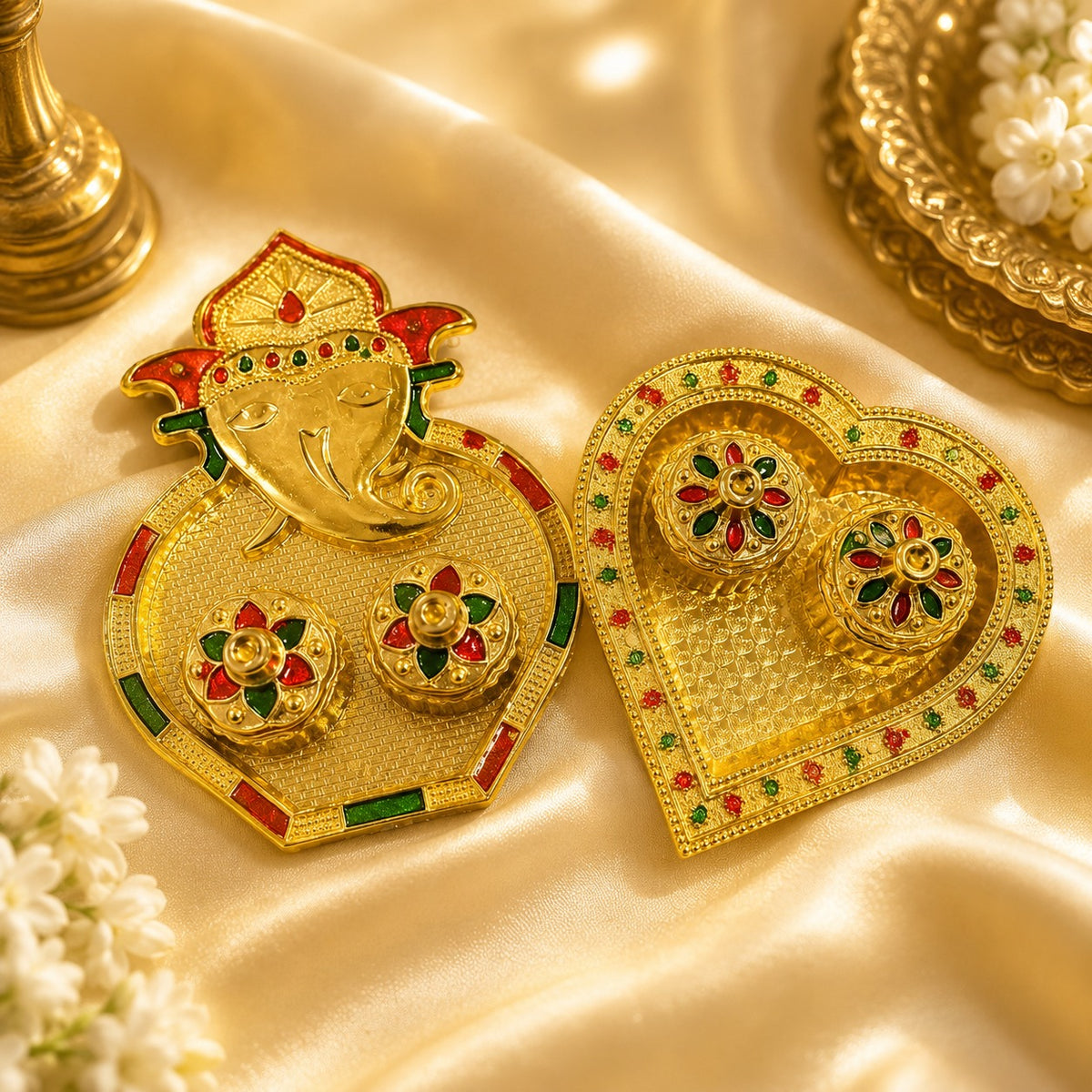 (R46) (MOQ: 3 Pcs) Gold Color Coted Decorative Pooja Plate with Boxes (Medium Size)