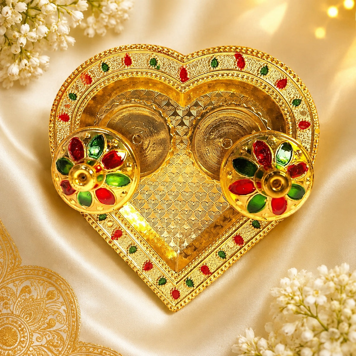 (R46) (MOQ: 3 Pcs) Gold Color Coted Decorative Pooja Plate with Boxes (Medium Size)