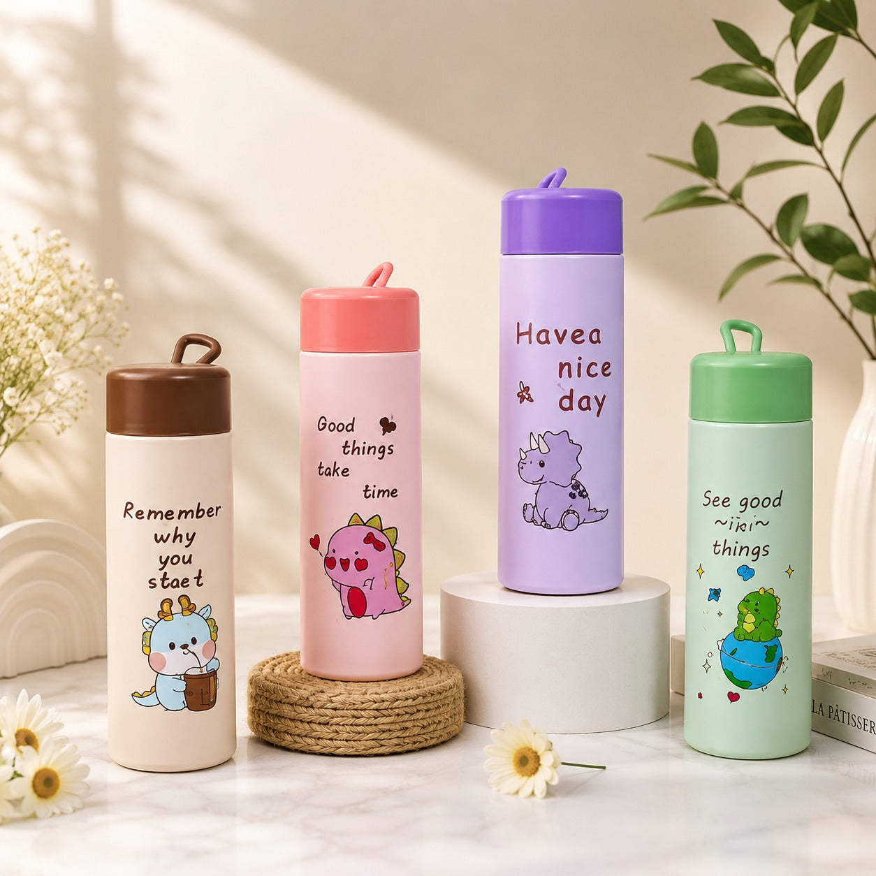 (B-054) (MOQ: 4 Pcs) Happy Print Dino Cup Glass Water Bottle 420 ML – Cartoon Printed