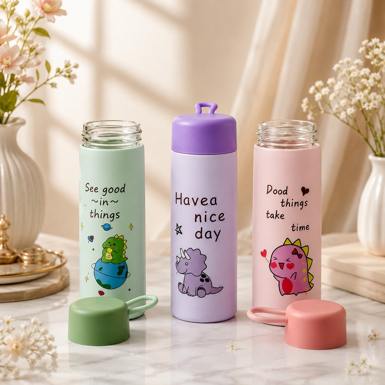 (B-054) (MOQ: 4 Pcs) Happy Print Dino Cup Glass Water Bottle 420 ML – Cartoon Printed