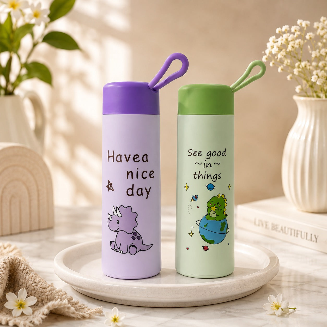 (B-054) (MOQ: 4 Pcs) Happy Print Dino Cup Glass Water Bottle 420 ML – Cartoon Printed