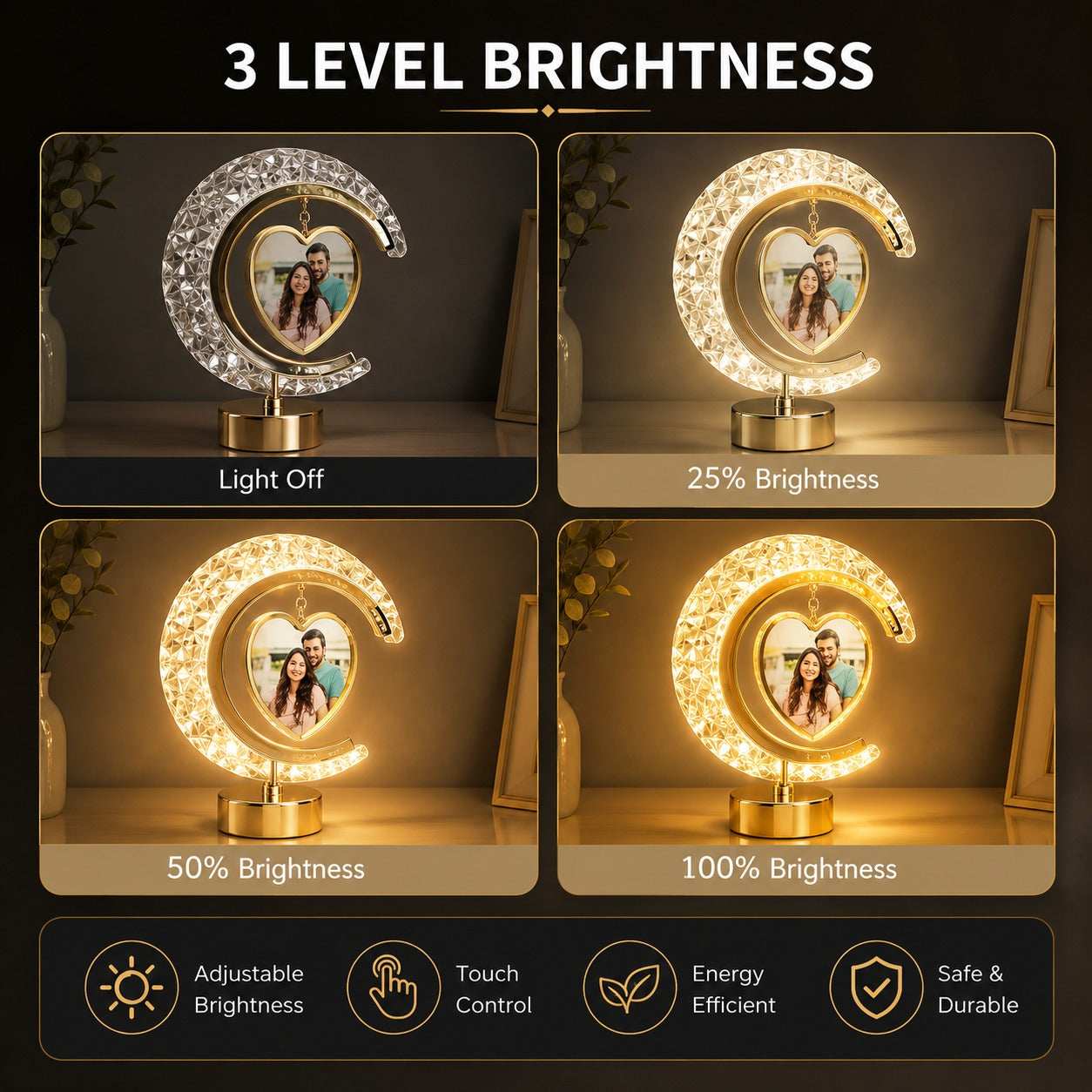 (LI-011) Half Moon Crystal LED Light with Heart Shape Tabletop Photo Frame