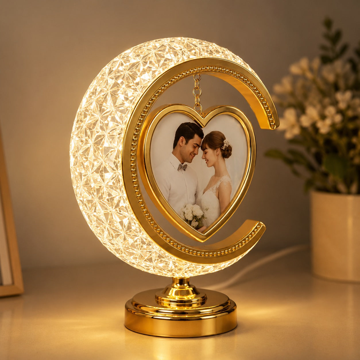 (LI-011) Half Moon Crystal LED Light with Heart Shape Tabletop Photo Frame