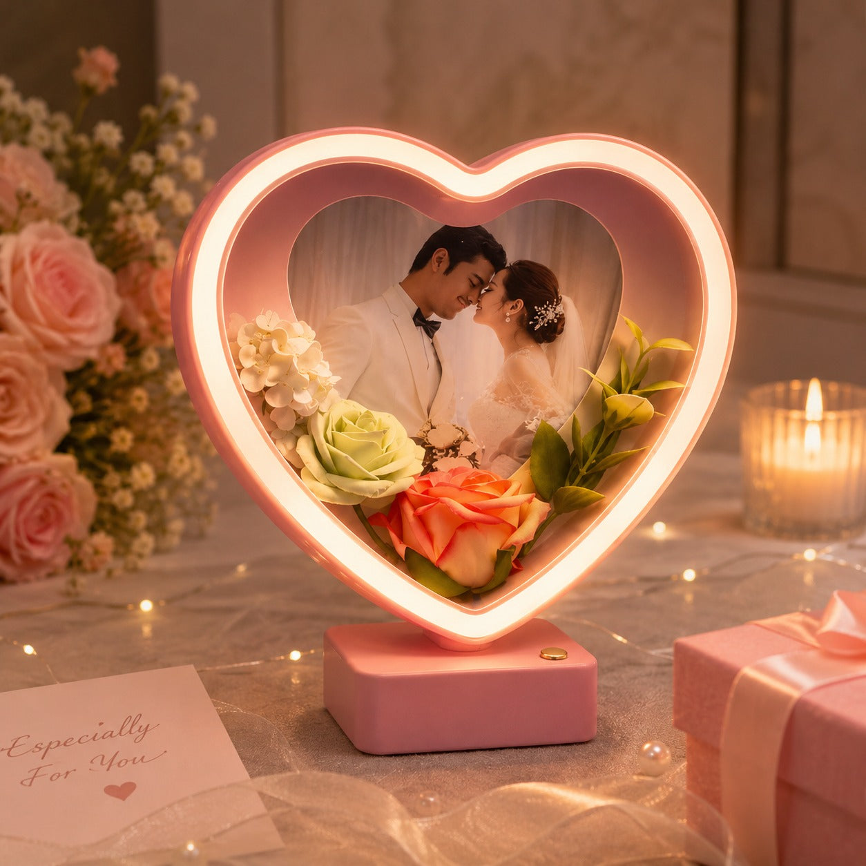 (G-026) Pink Heart Mirror Light – Heart & Round LED Photo Frame