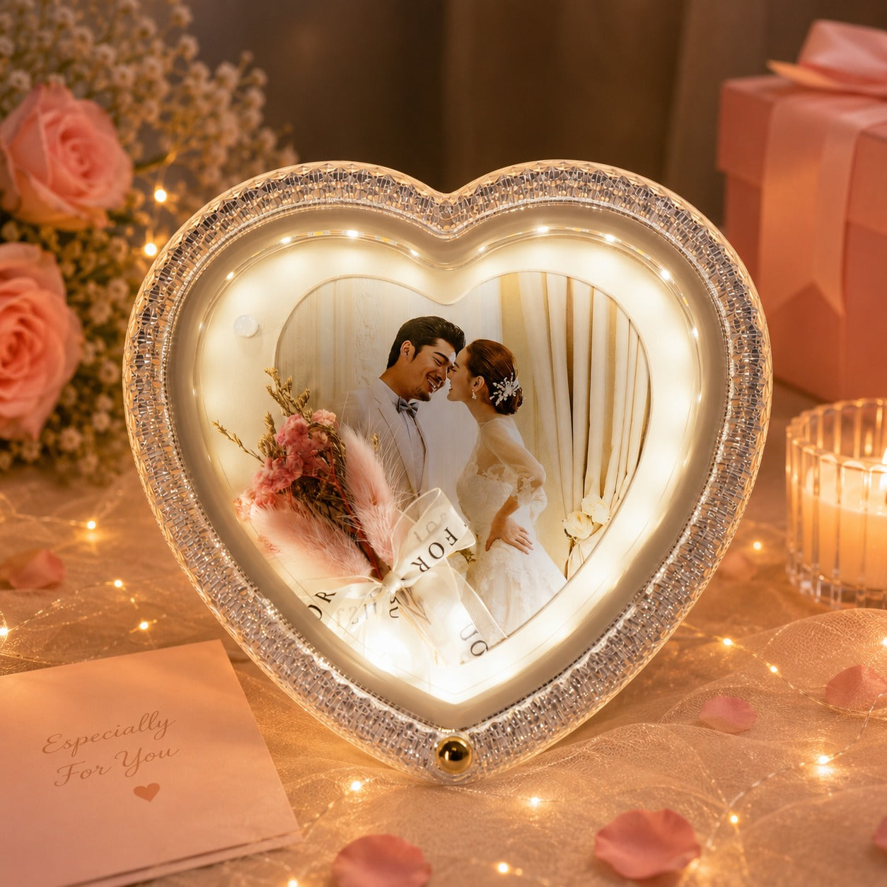 (G-026) Pink Heart Mirror Light – Heart & Round LED Photo Frame