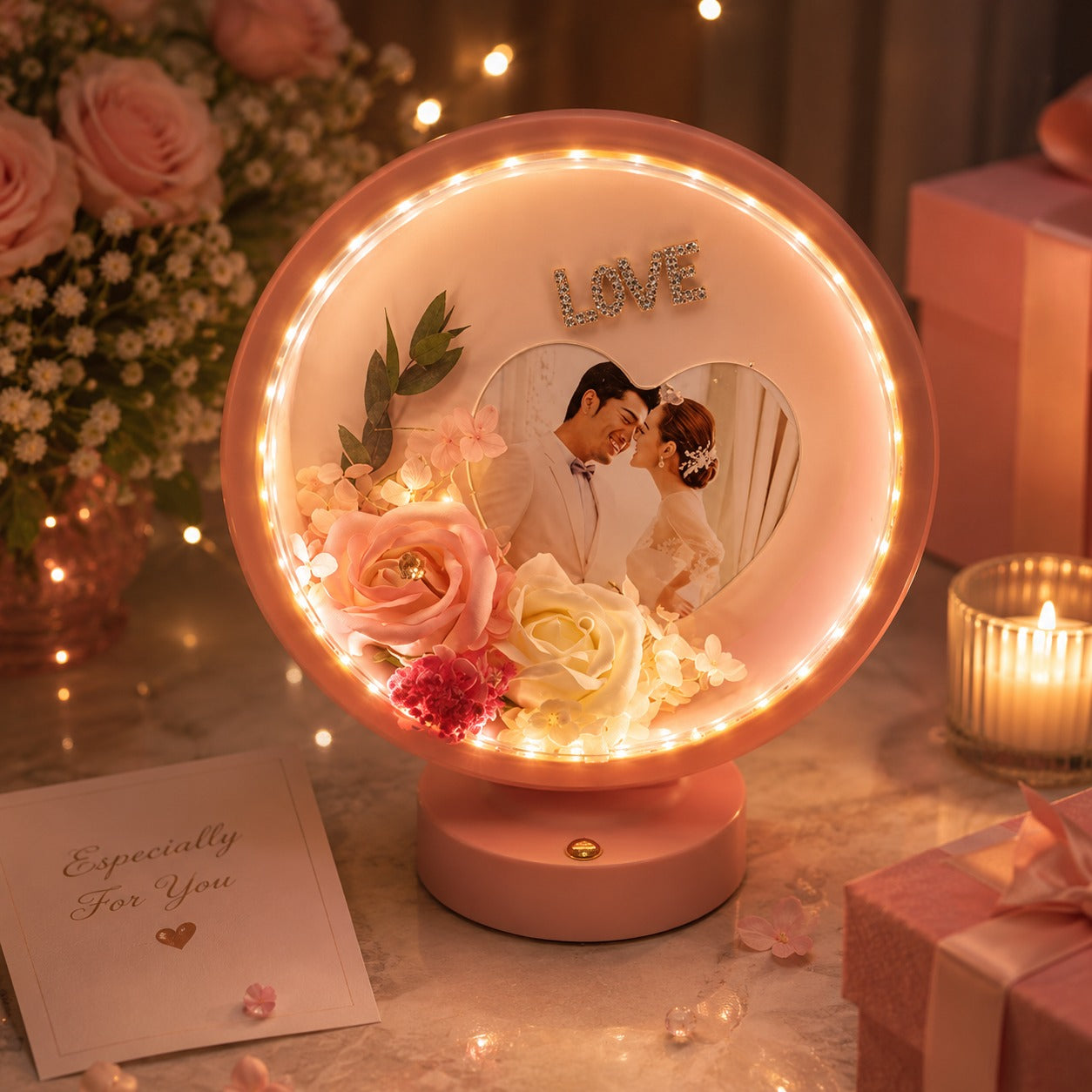 (G-026) Pink Heart Mirror Light – Heart & Round LED Photo Frame