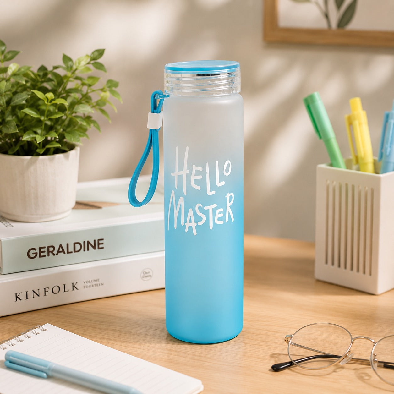 (B-043) (MOQ - 4Pcs) Hello Master Glass 500ml Water Bottle
