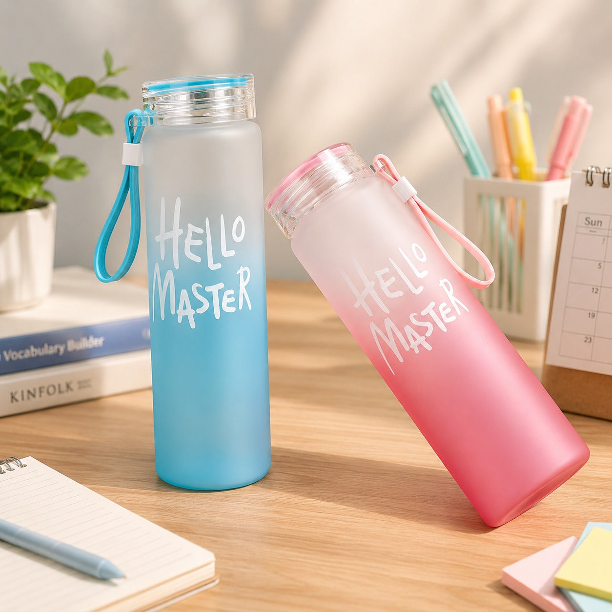 (B-043) (MOQ - 4Pcs) Hello Master Glass 500ml Water Bottle