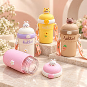 (B66) Hello Bouncing Cartoon 450 ML Glass Straw Sipper Bottle with Strap