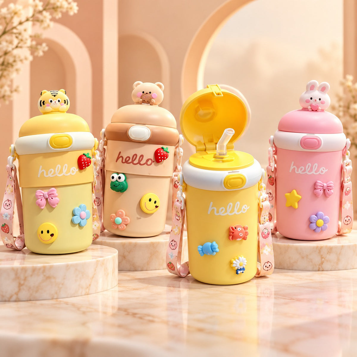 (B66) Hello Bouncing Cartoon 450 ML Glass Straw Sipper Bottle with Strap