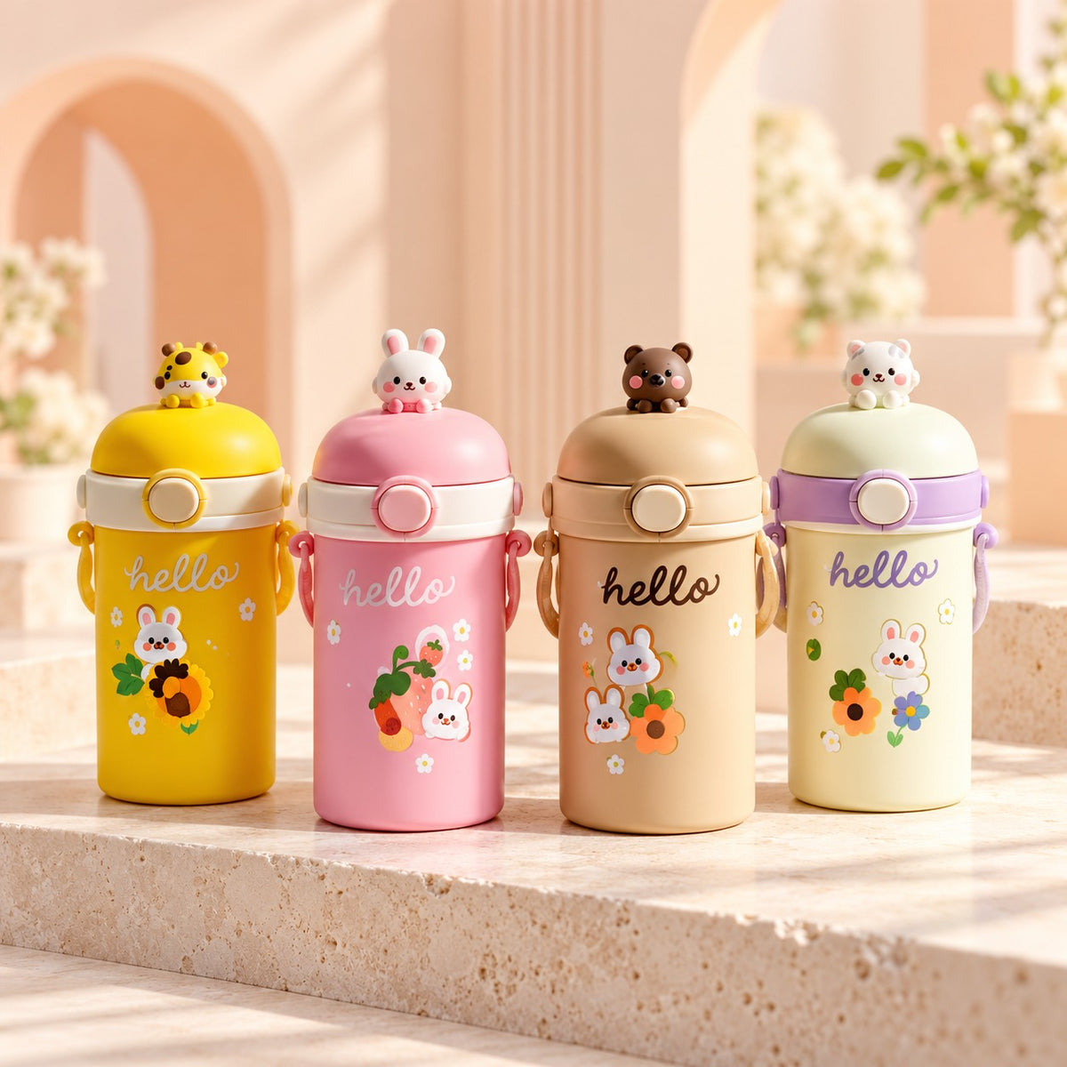 (B66) Hello Bouncing Cartoon 450 ML Glass Straw Sipper Bottle with Strap