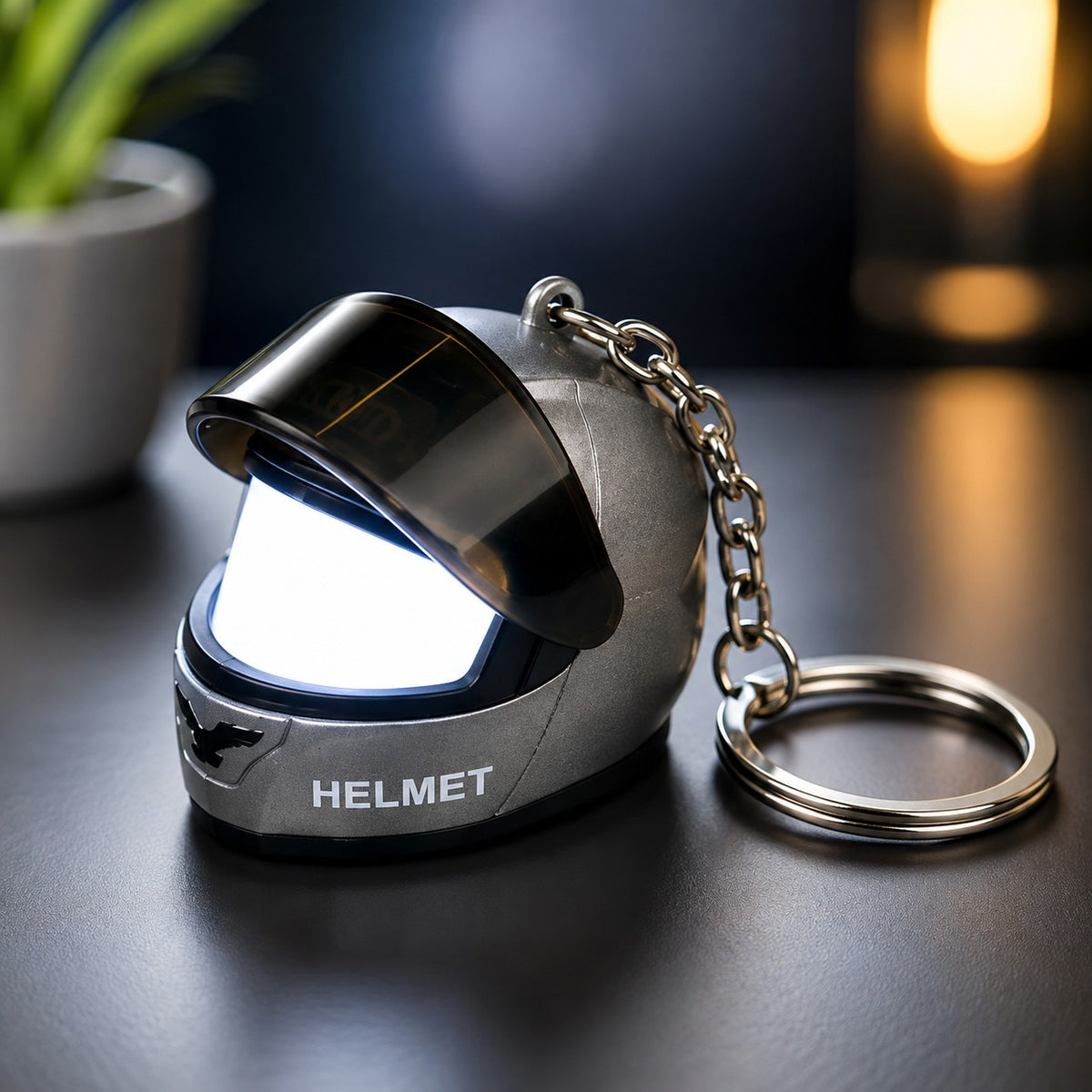 (KC36) Helmet Keychain with LED Light – Mini Helmet Key Ring with Built-In LED Flashlight