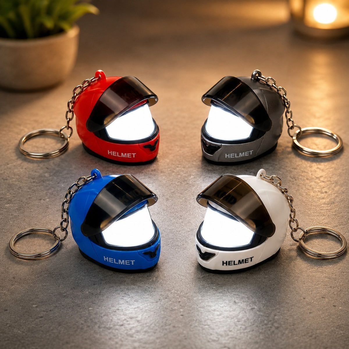 (KC36) Helmet Keychain with LED Light – Mini Helmet Key Ring with Built-In LED Flashlight