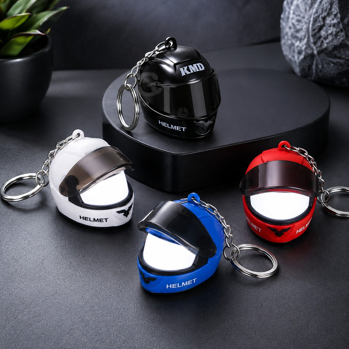(KC36) Helmet Keychain with LED Light – Mini Helmet Key Ring with Built-In LED Flashlight