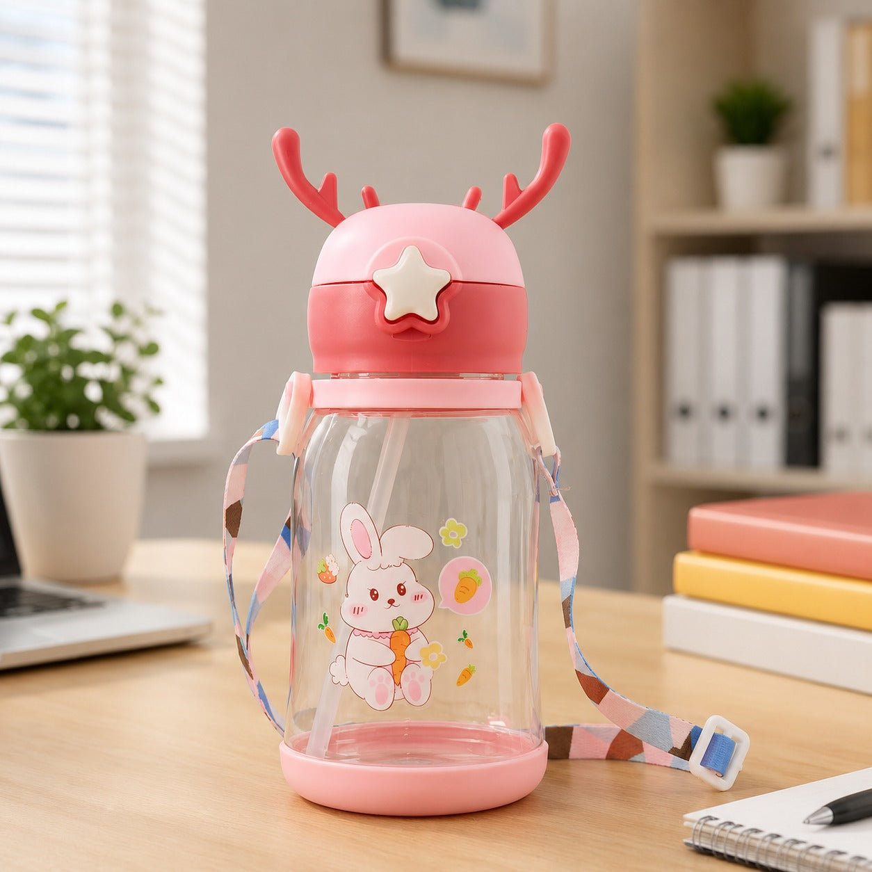(B-004) (MOQ: 4 Pcs) Kids Cartoon  500ml Water Bottle with Straw & Strap