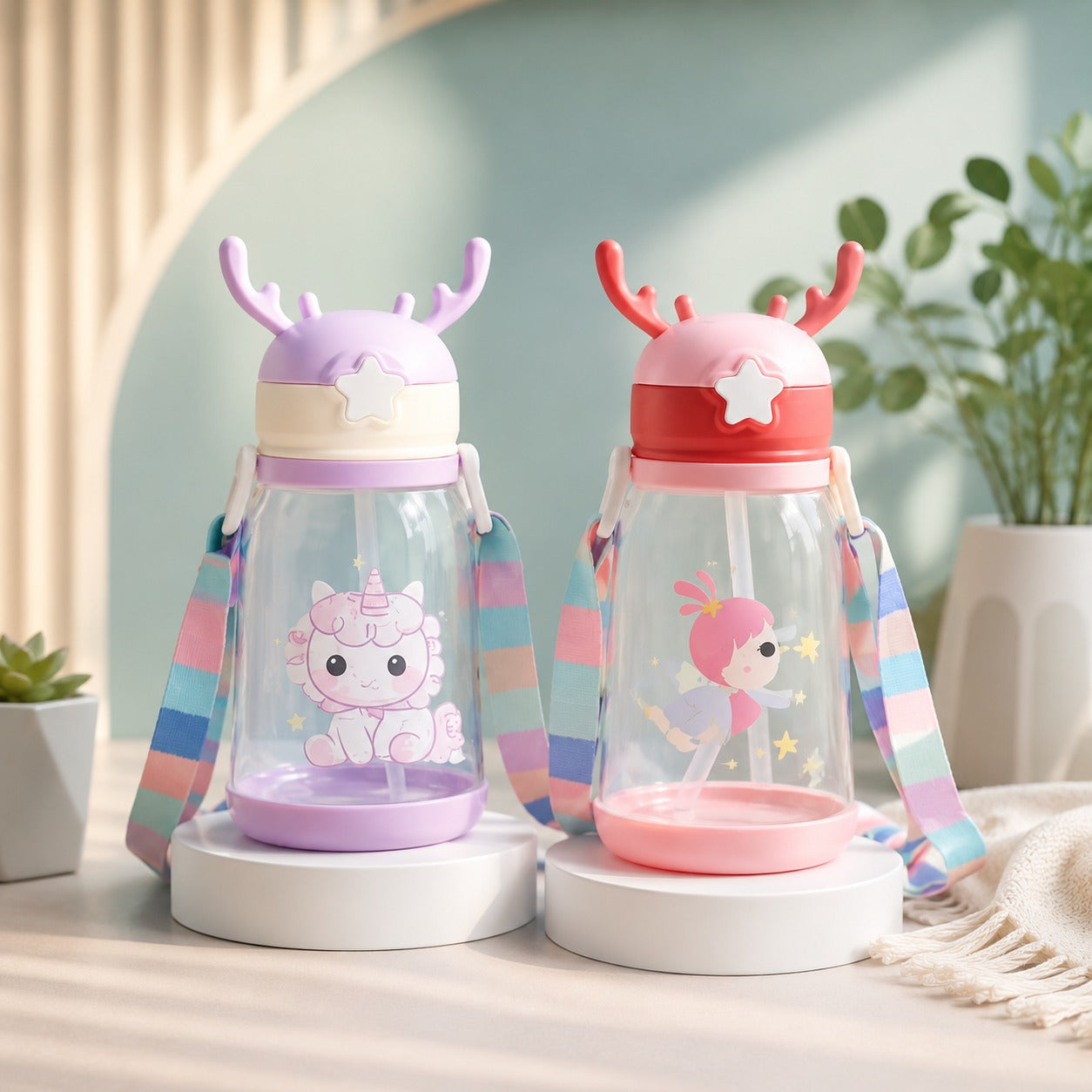 (B-004) (MOQ: 4 Pcs) Kids Cartoon  500ml Water Bottle with Straw & Strap