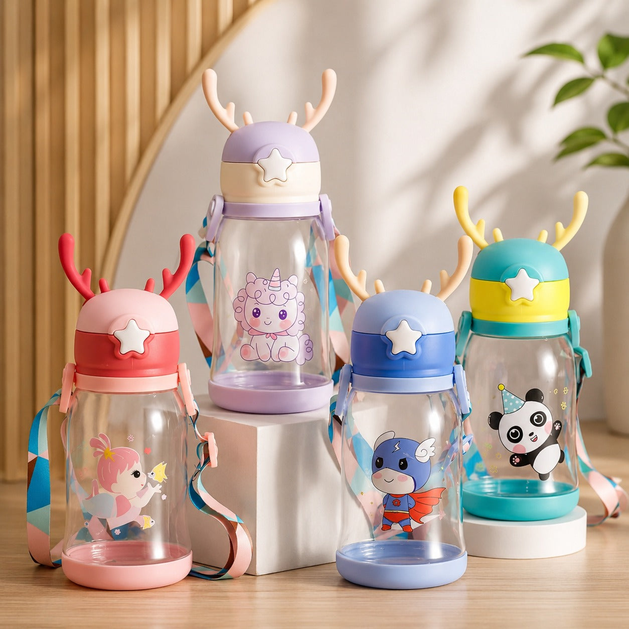 (B-004) (MOQ: 4 Pcs) Kids Cartoon  500ml Water Bottle with Straw & Strap