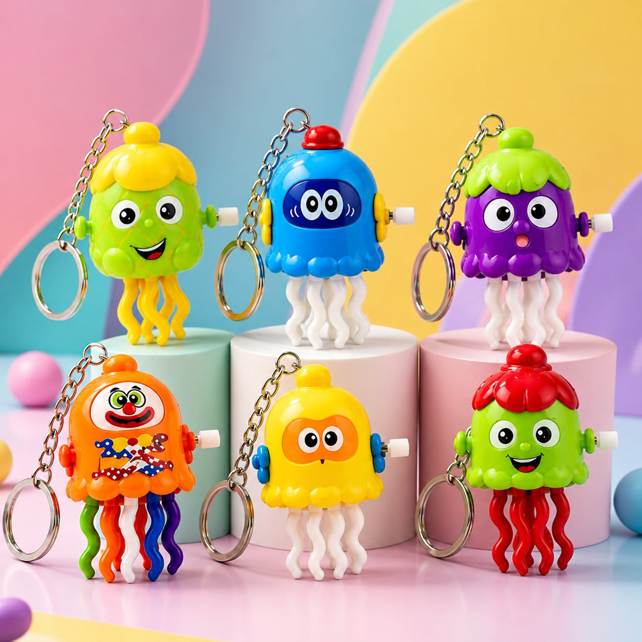 (KC-029) Jelly Pop Wind-Up Keychain Toy | Cute Cartoon Jellyfish Keychain