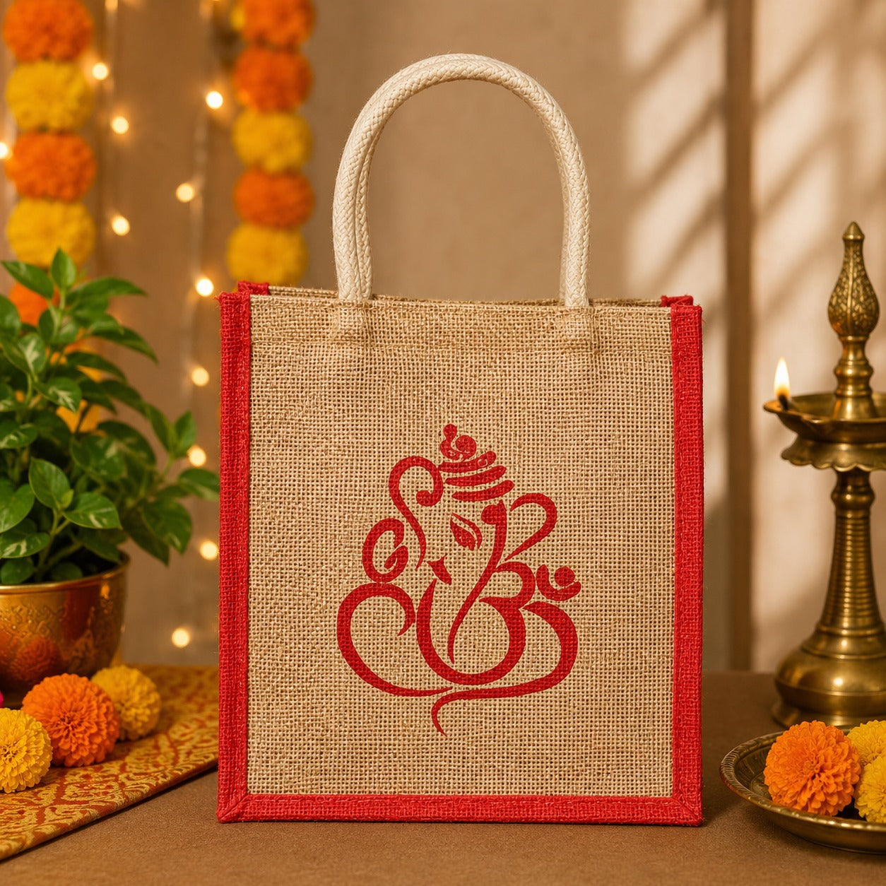 (R-022) (MOQ: 10 Pcs) Eco-Friendly Jute Bag with Ganesh Print – Return Gift