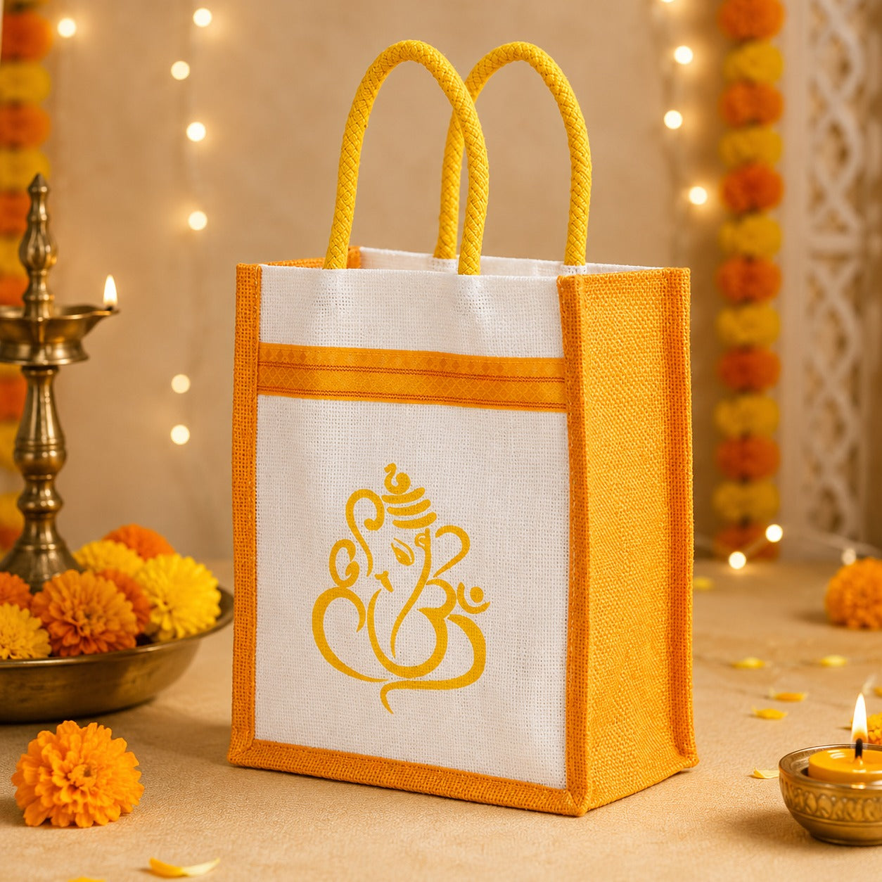 (R-022) (MOQ: 10 Pcs) Eco-Friendly Jute Bag with Ganesh Print – Return Gift