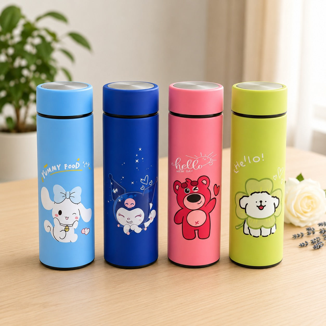 (B-053) (MOQ-4Pcs) Korean Glass 400 ML Water Bottle - Multi Designs Print Bottle