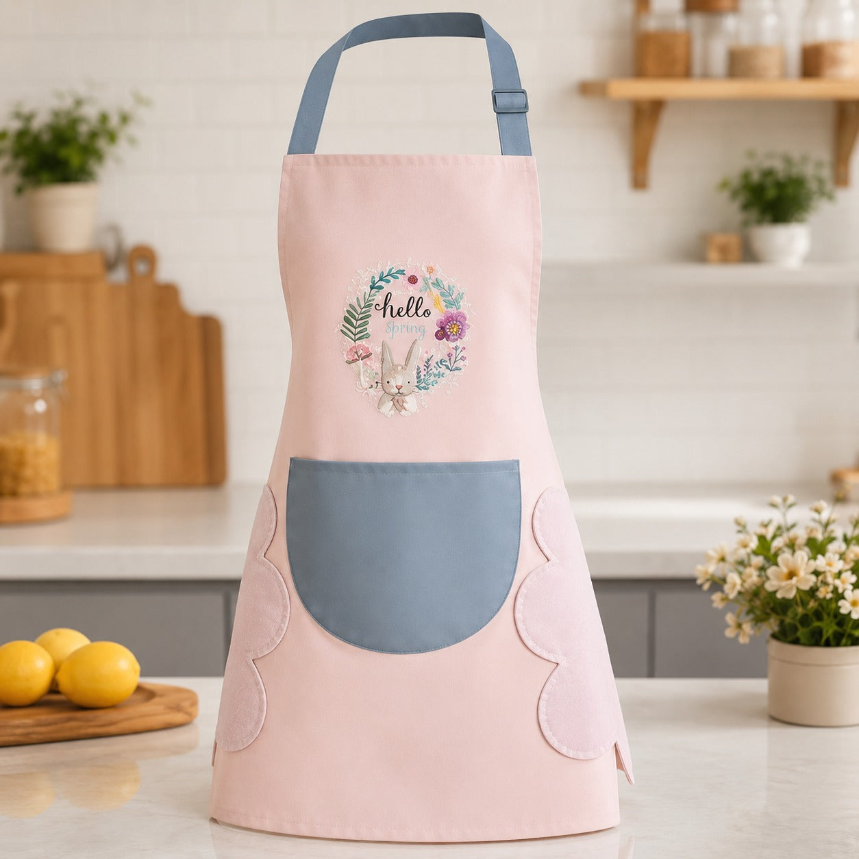 (K-013) (MOQ: 4Pcs) Floral Bunny Print Kitchen Apron – Waterproof Apron
