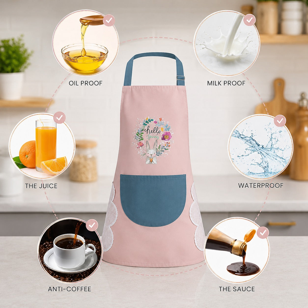 (K-013) (MOQ: 4Pcs) Floral Bunny Print Kitchen Apron – Waterproof Apron
