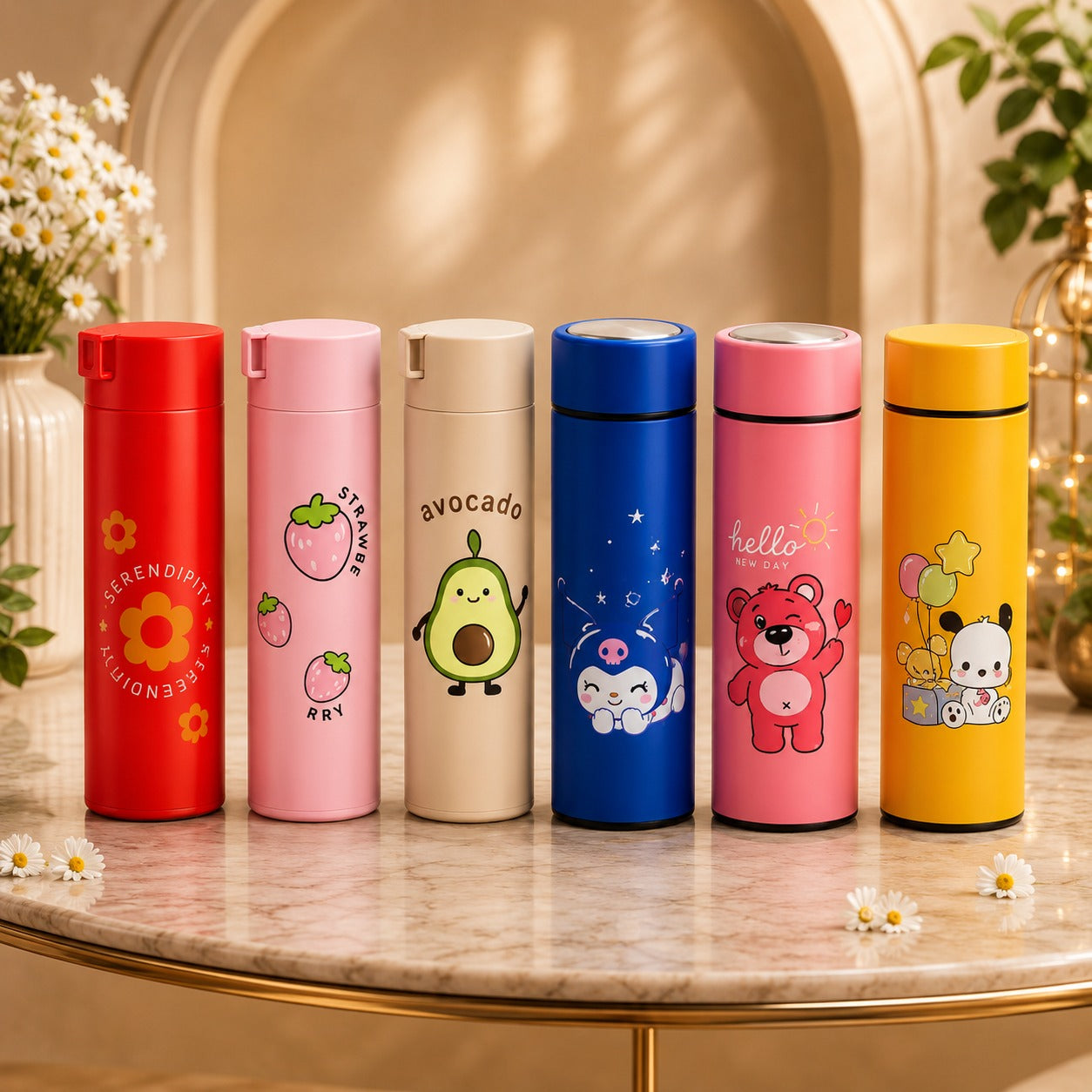 (B-053) (MOQ-4Pcs) Korean Glass 400 ML Water Bottle - Multi Designs Print Bottle
