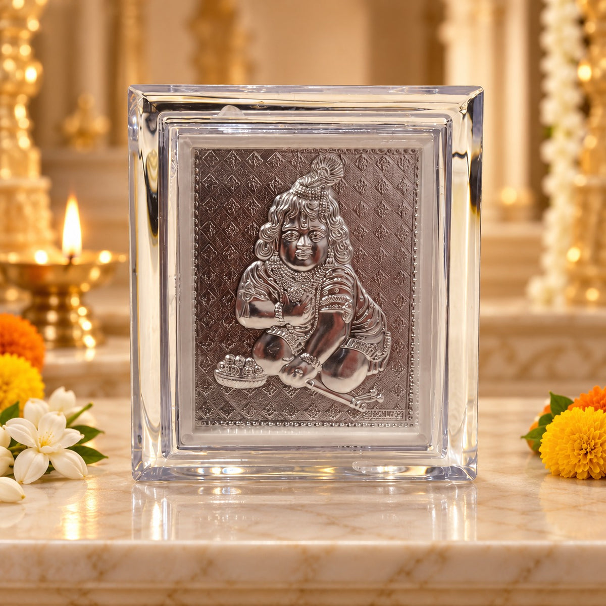 (G59) (MOQ: 4 Pcs) Mini Two Stand Krishna Pure 999 Silver Coated Frame for Pooja Display