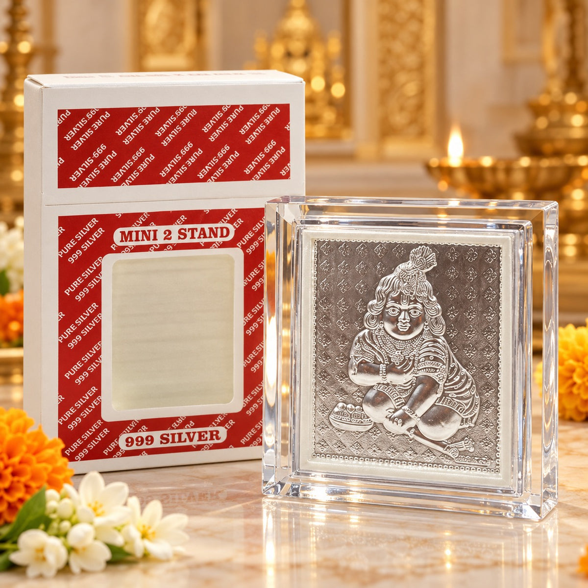 (G59) (MOQ: 4 Pcs) Mini Two Stand Krishna Pure 999 Silver Coated Frame for Pooja Display